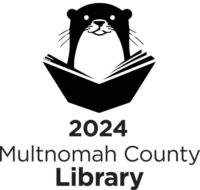 Con rái cá đang đọc sách phía trên dòng chữ Thư viện Quận Multnomah năm 2024