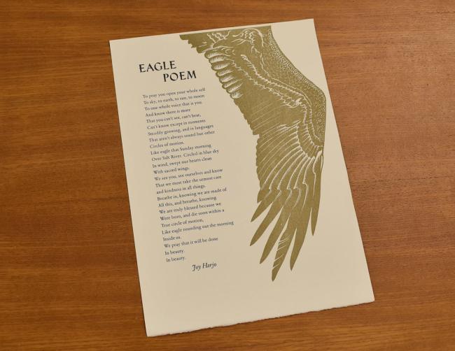 Joy Harjo’s Eagle Poem on paper on a table.