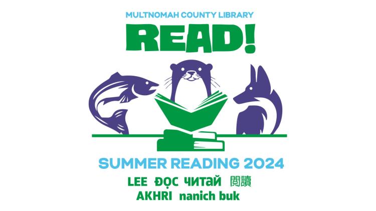 Logotipo de Lectura de Verano 2024 con la imagen de un pez a la izquierda, una nutria en el centro leyendo un libro y un zorro a la derecha, con la frase Multnomah County Library Read encima, enlazando a información sobre la Lectura de Verano